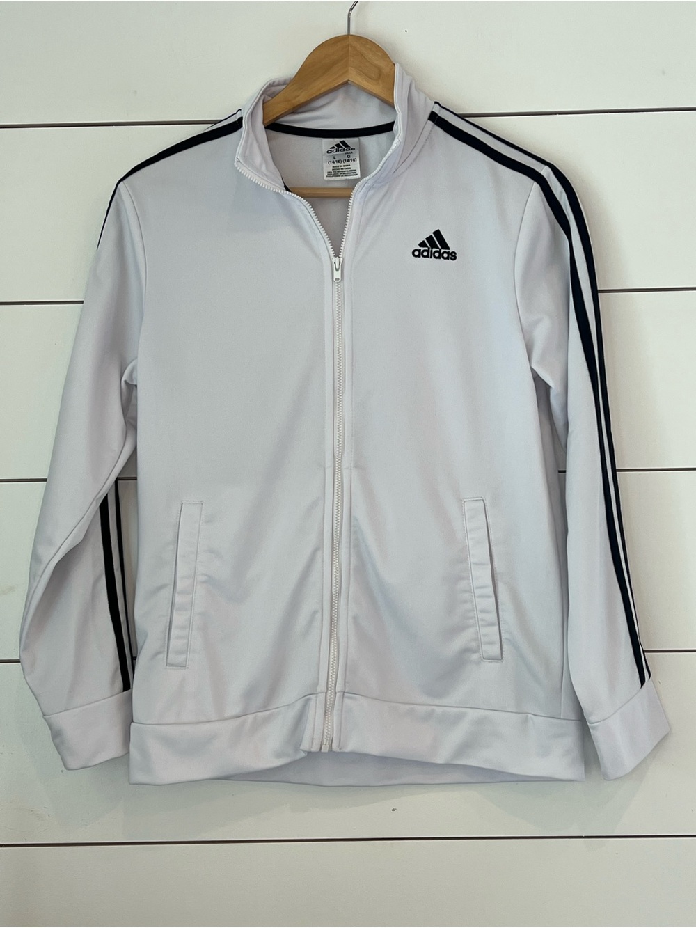 adidas White Track Jacket with Black Stripes Kids large 14/16